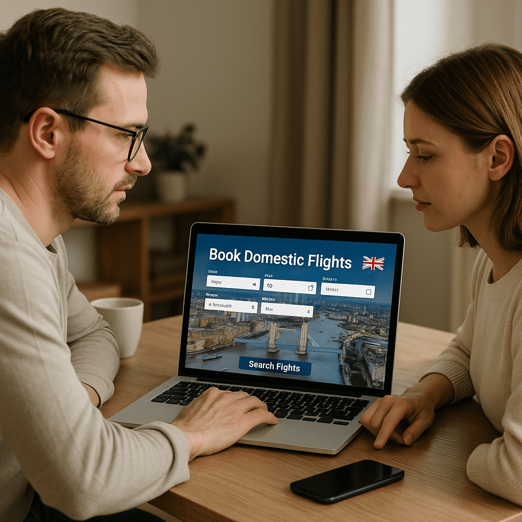 Touristen buchen UK-Flüge online von zu Hause bei Tageslicht
