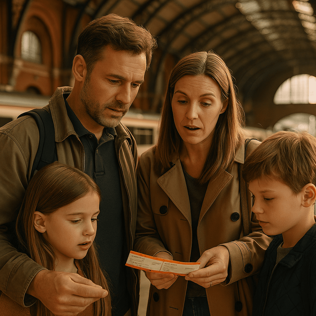 Familie überprüft Zugtickets an einem historischen Bahnhof in Großbritannien