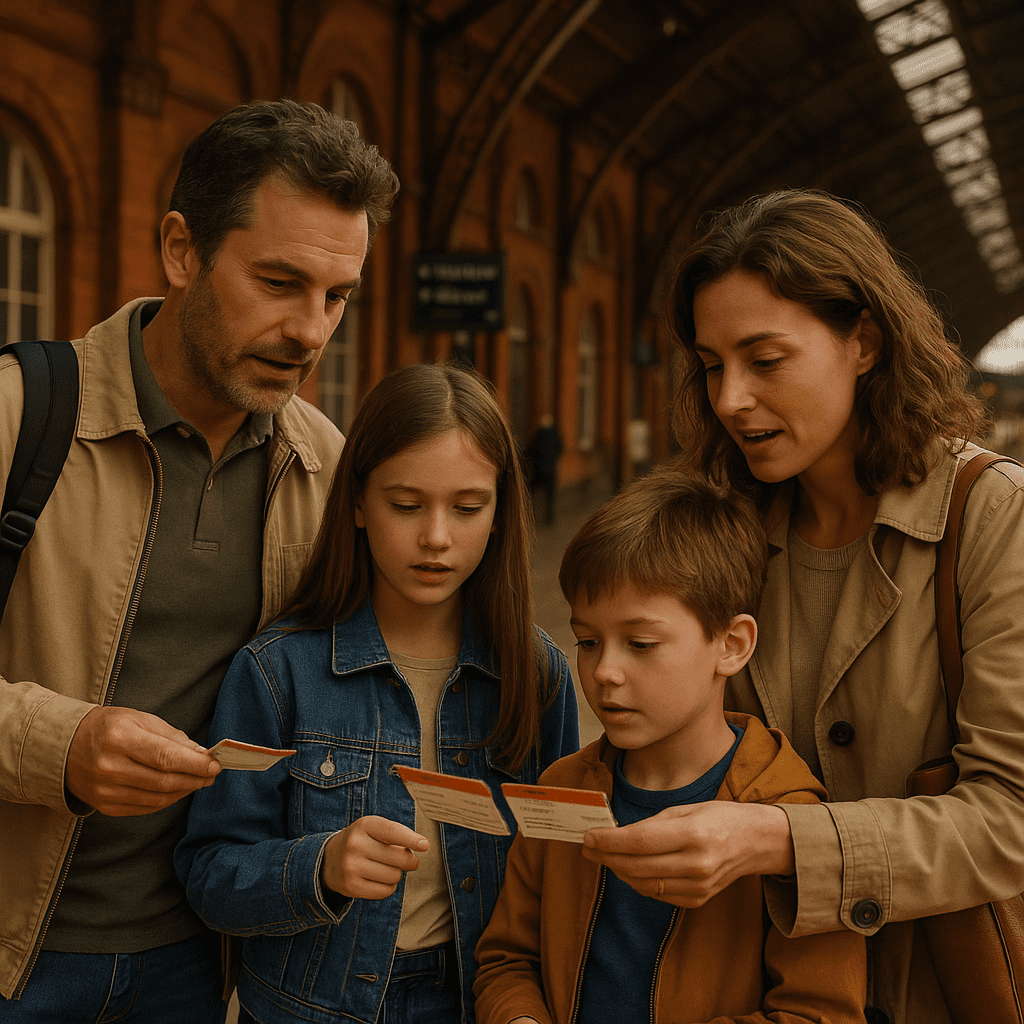 Familie prüft ihre Zugtickets an einem historischen Bahnhof im UK