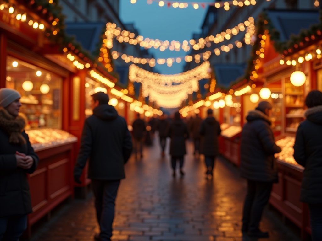 Familie besucht britischen Weihnachtsmarkt mit festlicher Beleuchtung und Ständen am Abend