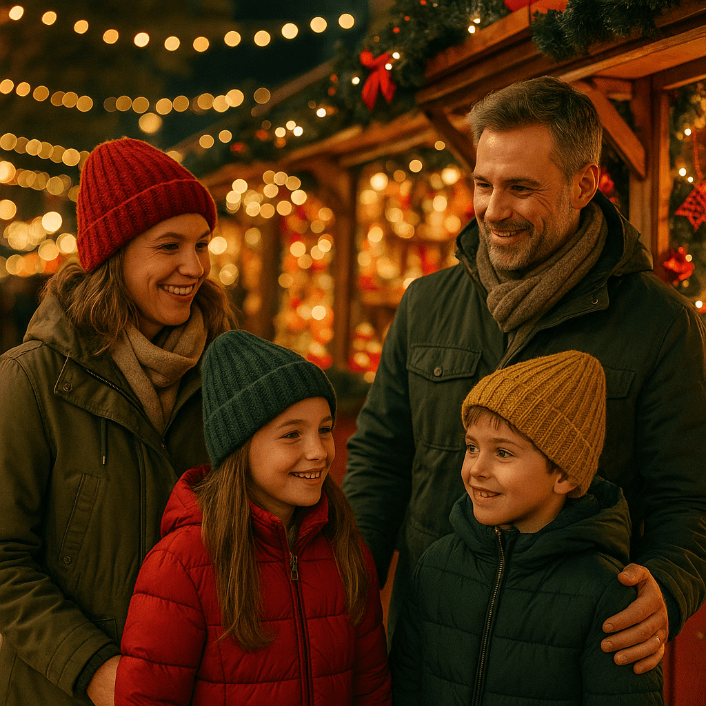 Familie besucht abends einen festlich beleuchteten Weihnachtsmarkt in London