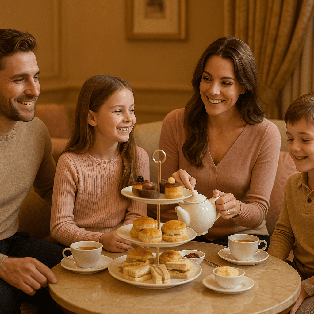 Familie genießt traditionellen Afternoon Tea in gemütlichem britischen Hotel mit warmem Licht