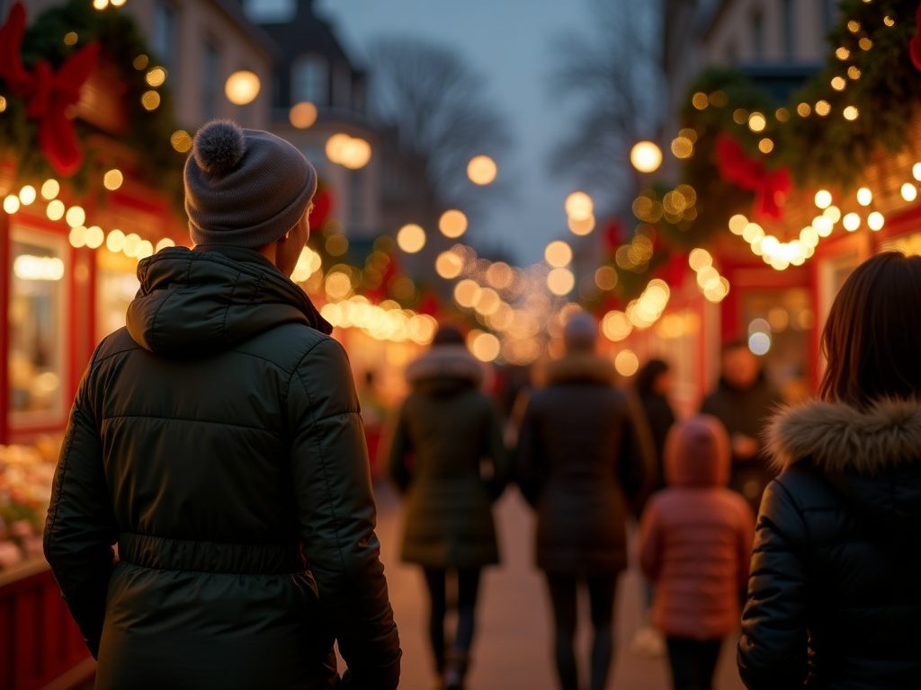 Familie besucht abends einen festlich beleuchteten Weihnachtsmarkt im UK