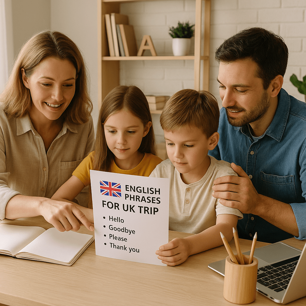 Eltern helfen Kindern morgens beim Englisch lernen am Schreibtisch