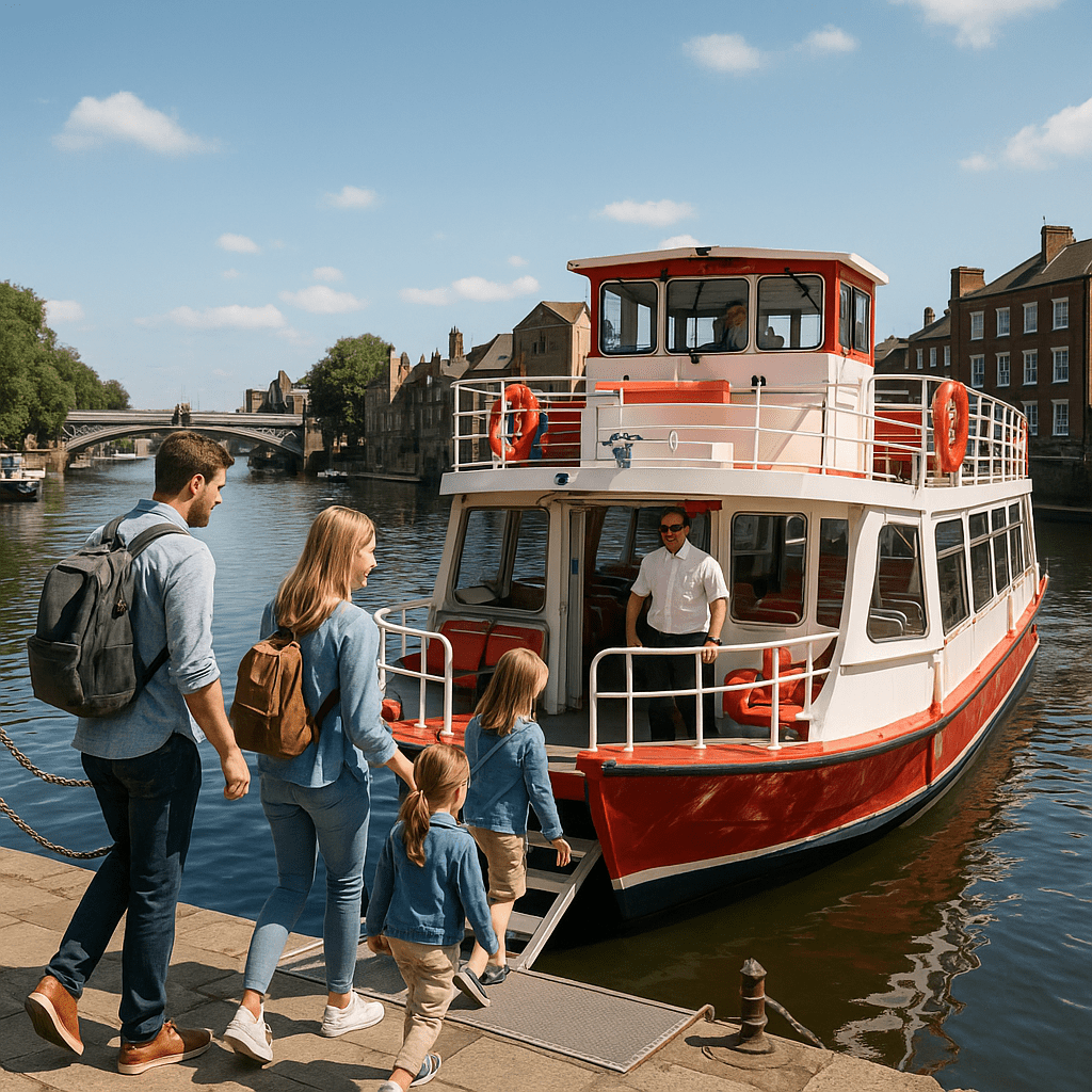 Familie steigt mittags an einem sonnigen Tag in York in ein Ausflugsboot auf dem Fluss ein