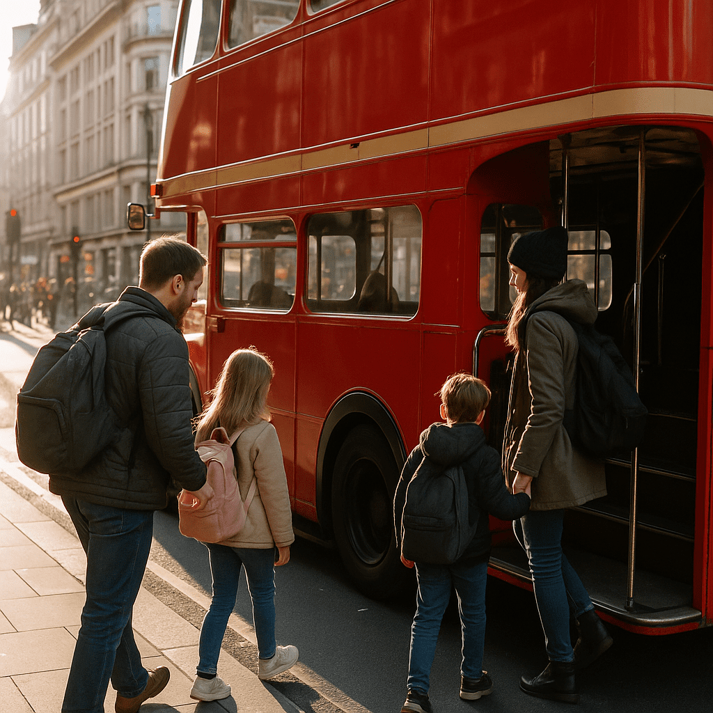 Familie steigt in roten Doppeldeckerbus im Zentrum Londons bei Sonnenlicht ein