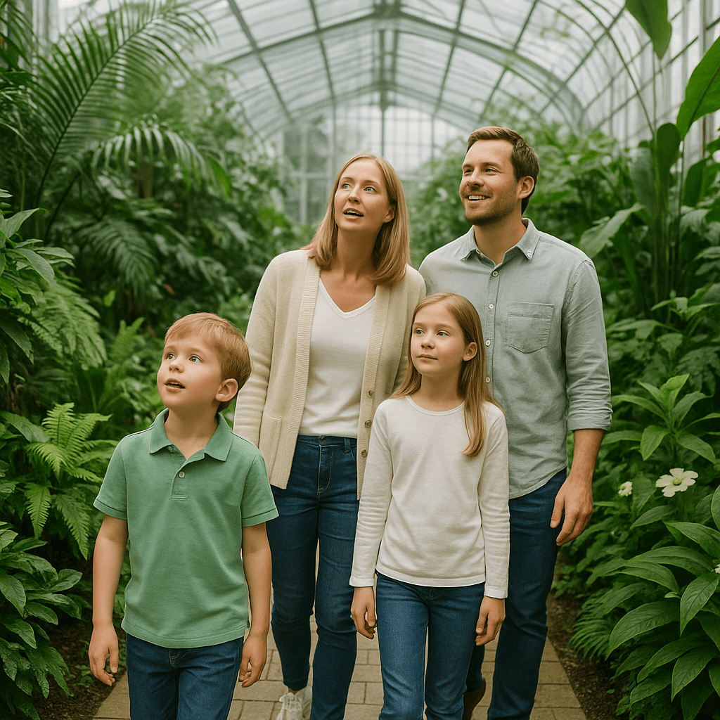 Deutsche Familie erkundet einen botanischen Garten im Gewächshaus mit tropischen Pflanzen
