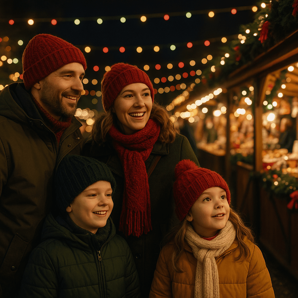 Familie auf dem festlich beleuchteten Weihnachtsmarkt in Edinburgh am Abend