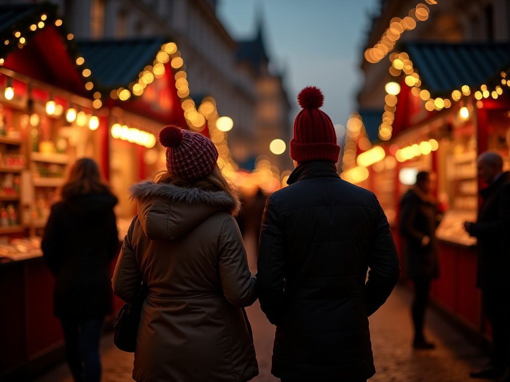 Familie auf einem festlich beleuchteten Weihnachtsmarkt im Freien in Großbritannien
