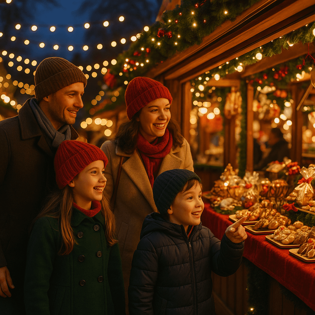 Familie schlendert über britischen Weihnachtsmarkt am Abend mit roten, grünen und goldenen Lichtern