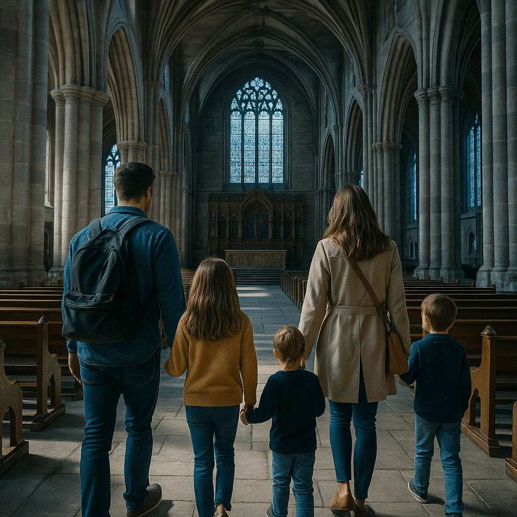 Familie betritt eine historische Kathedrale in Großbritannien bei Tageslicht
