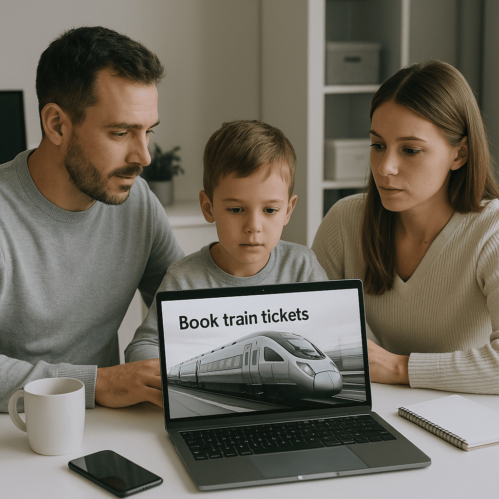 Familie im Homeoffice bucht UK-Zugtickets online bei Tageslicht