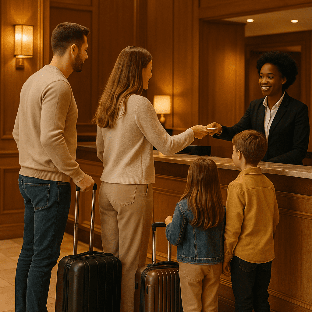 Familie mit Koffern beim Check-in an Hotelrezeption in London mit warmem Licht