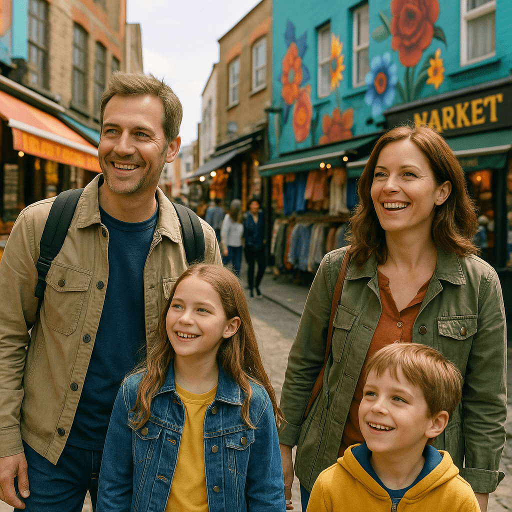 Familie erkundet bunten Camden Market mit Street Art und Essensständen in London bei Tageslicht