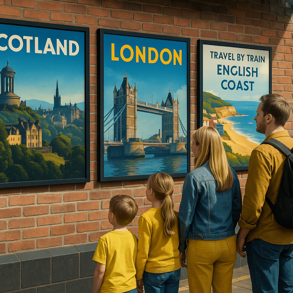 Deutsche Familie betrachtet bunte UK-Reiseposter im hellen Bahnhof