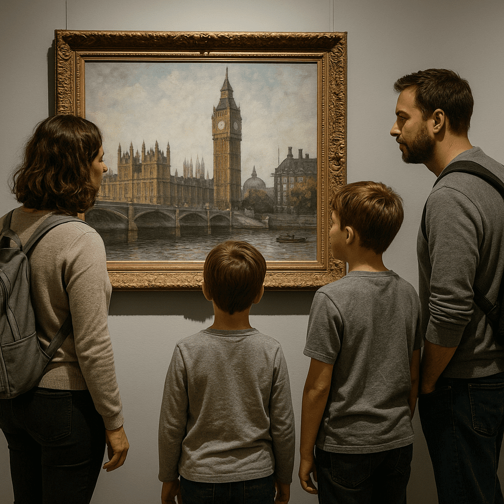 Familie betrachtet britische Kunstwerke in der Tate Modern, Museumsgalerie mit Spotbeleuchtung