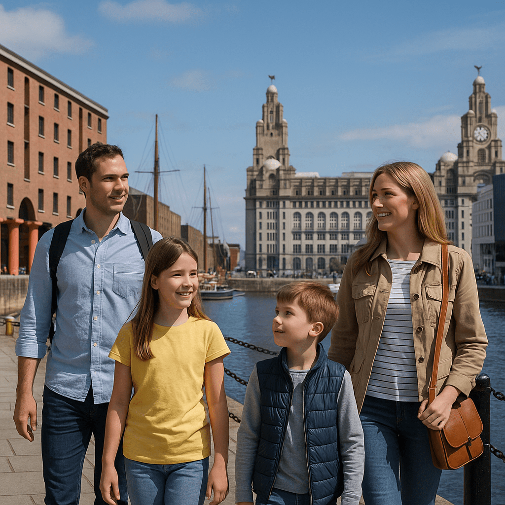 Familie erkundet bei Tageslicht Liverpools Hafengebiet am Wasser
