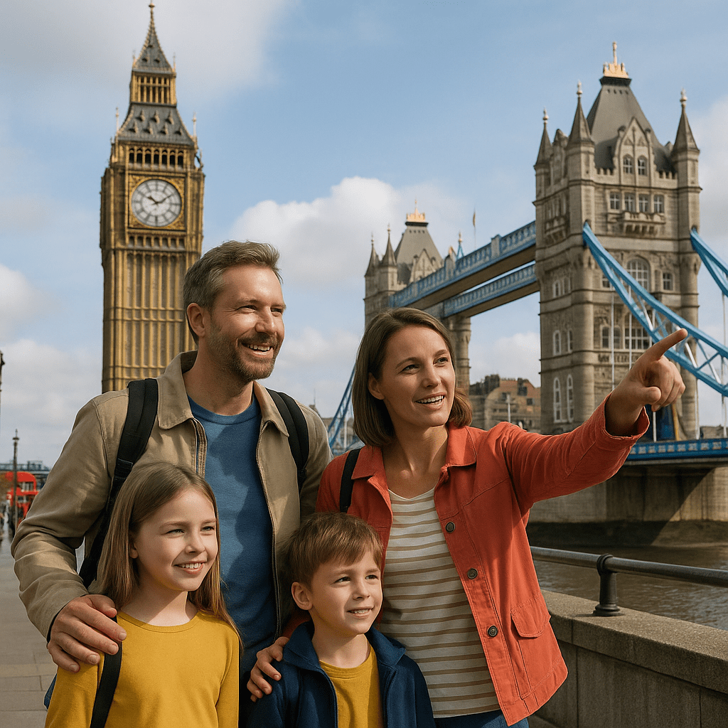 Deutsche Familie besichtigt Big Ben und Tower Bridge bei Tageslicht in London