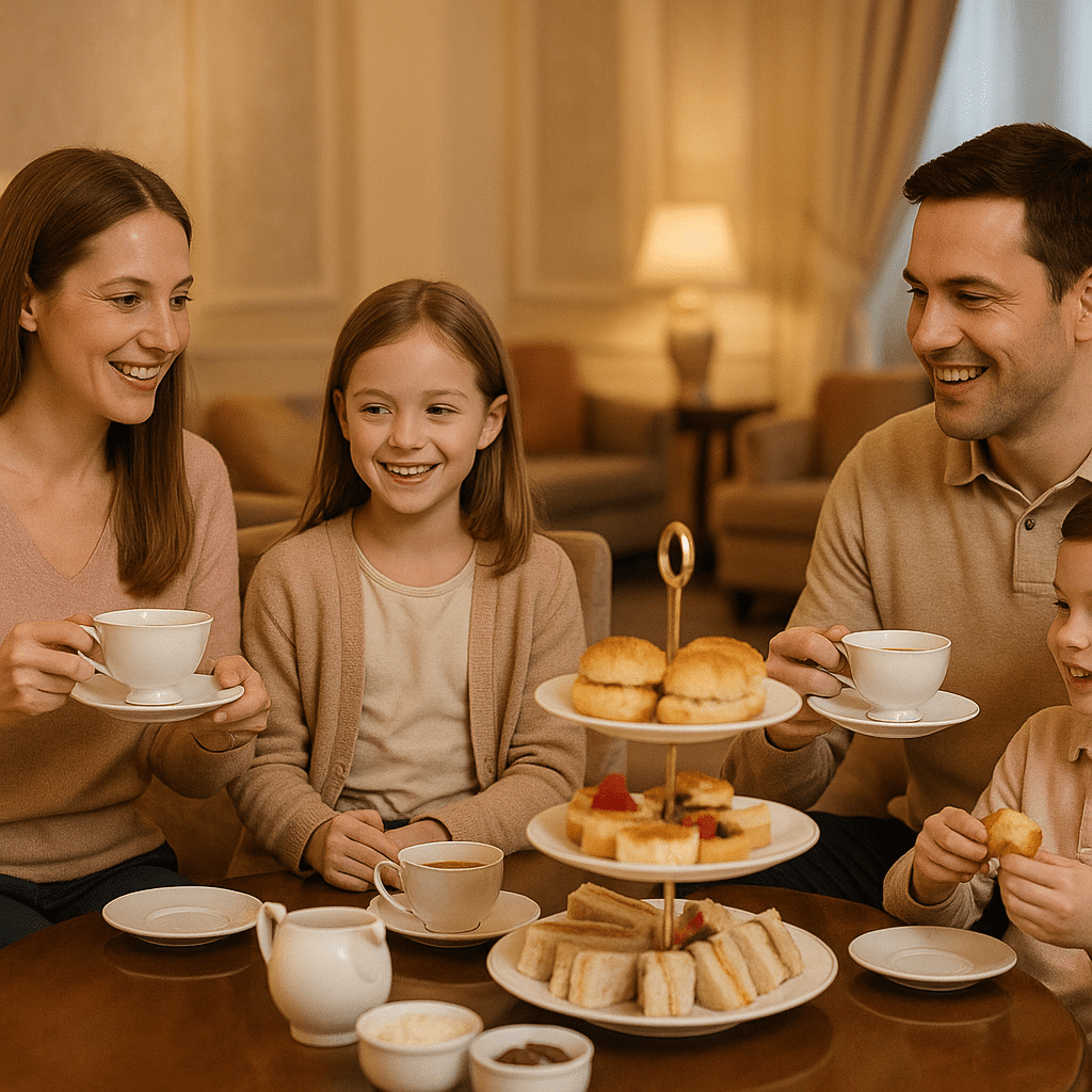 Familie bei traditionellem Afternoon Tea in gemütlichem Hotel mit warmem Licht