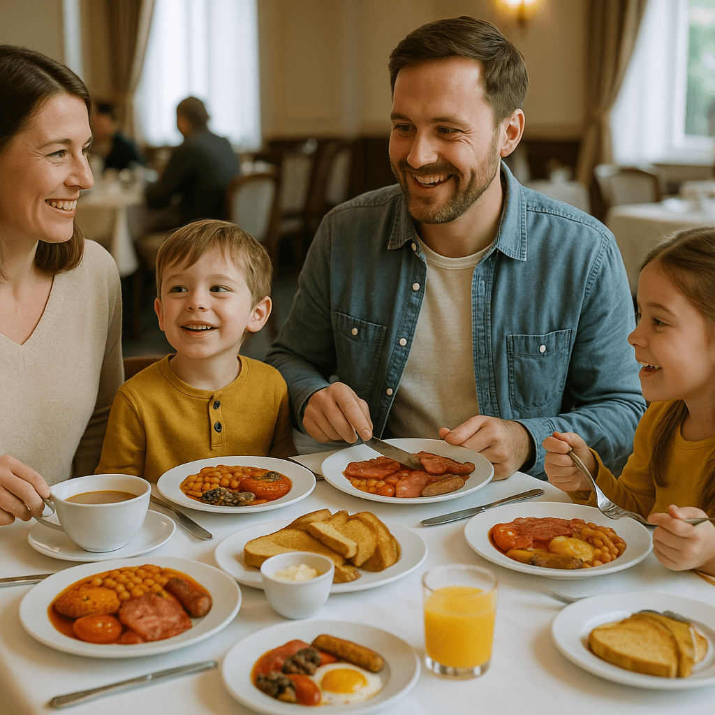 Familie beim Full English Breakfast im Hotel mit Tee, Eiern, Würstchen und Black Pudding
