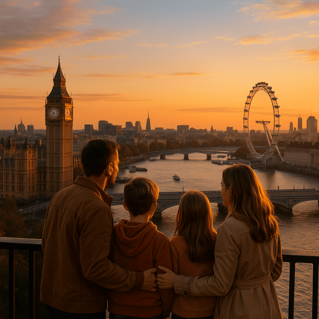 Familie mit Kindern betrachtet bei goldenem Licht die Skyline von London von einem Aussichtspunkt aus
