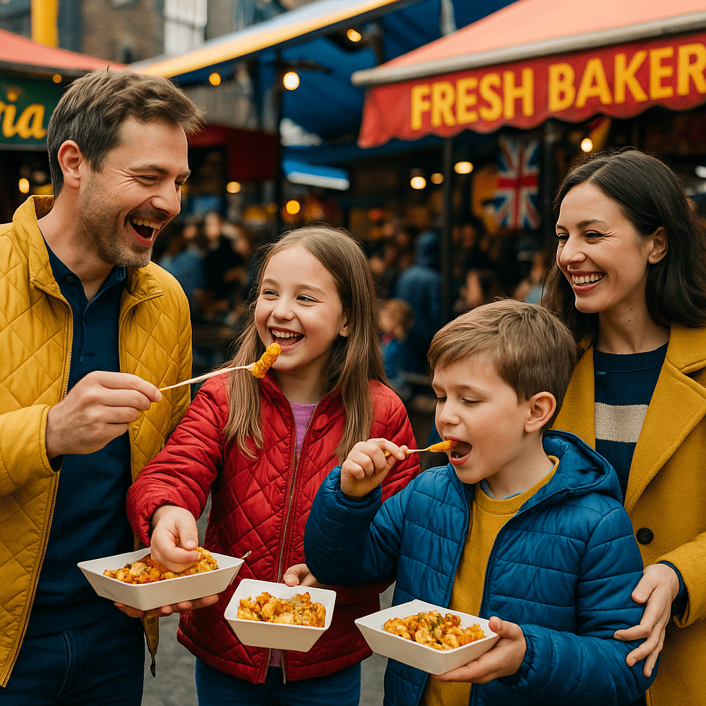 Familie isst Street Food auf einem Londoner Markt bei Tageslicht, umgeben von bunten Farben