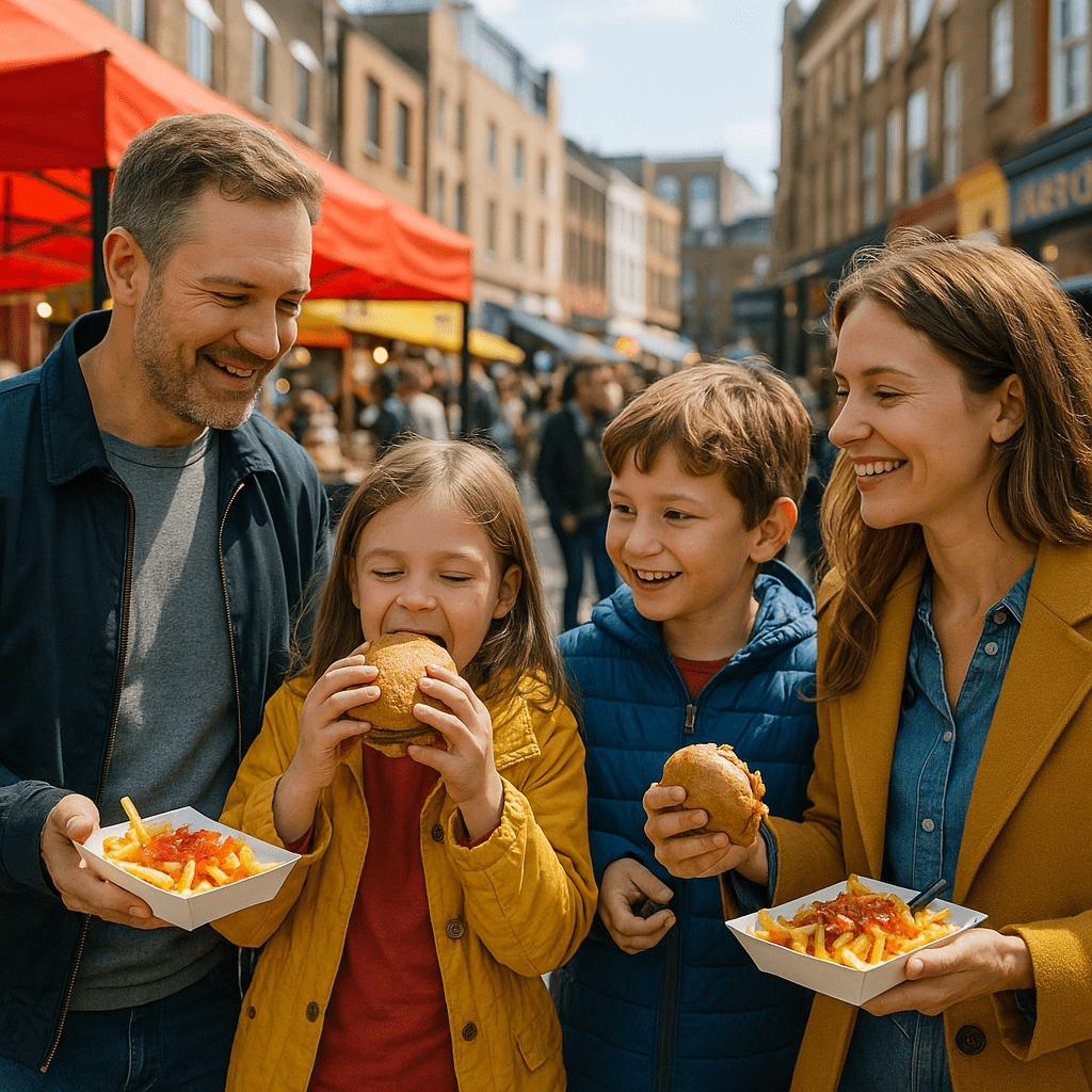 Familie isst gemeinsam Street Food auf lebendigem Markt in London am Mittag