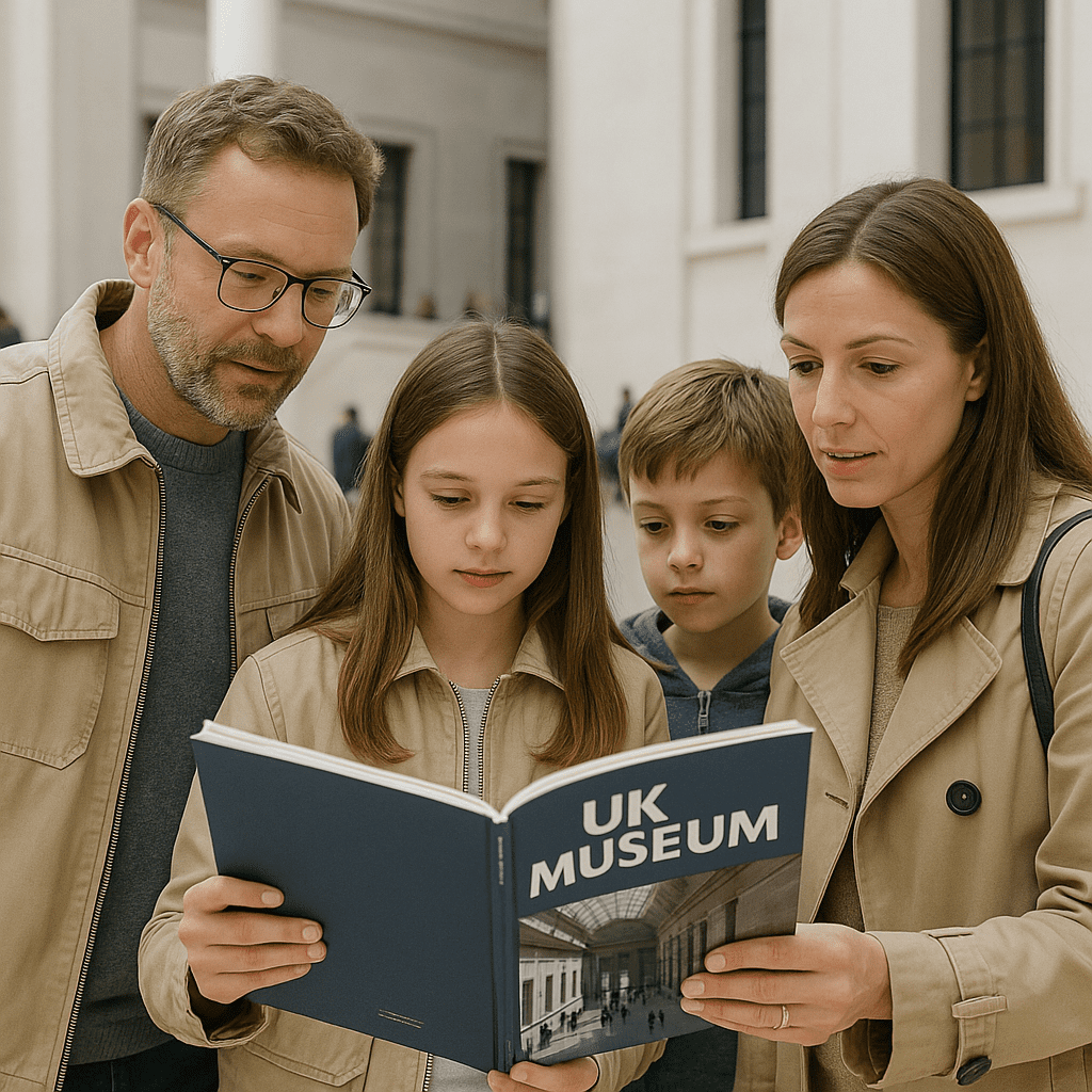Deutsche Familie liest Museumsführer in britischem Museum