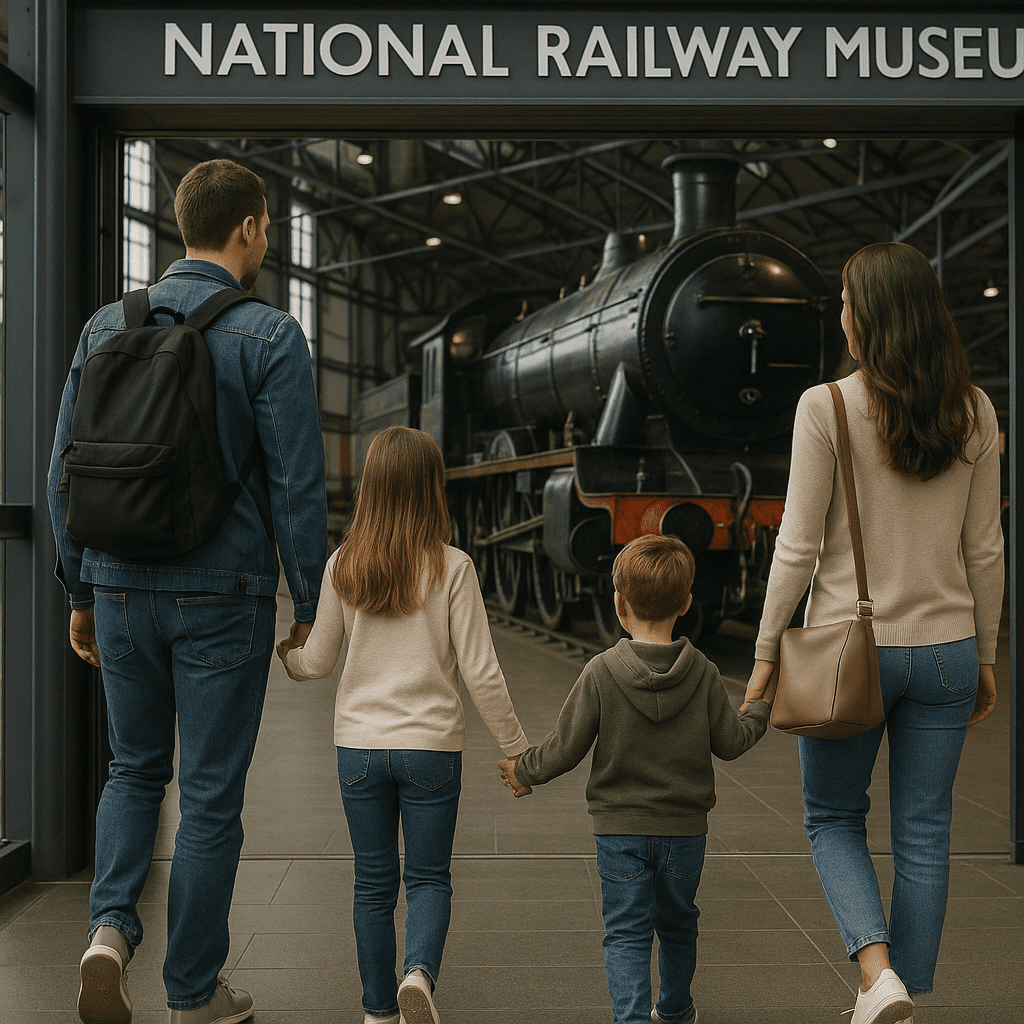Familie betritt das National Railway Museum mit Stahl-Interieur