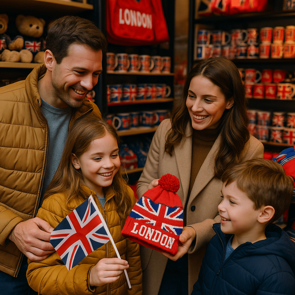 Familie beim Souvenirkauf in einem Londoner Geschenkshop mit roter, blauer und weißer Dekoration
