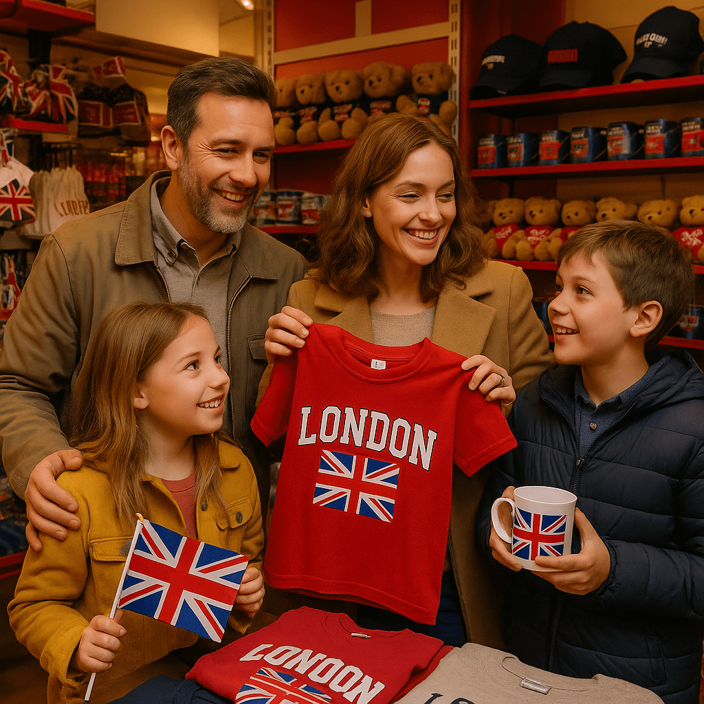 Familie stöbert in einem Geschenkladen in London nach britischen Souvenirs unter warmem Licht