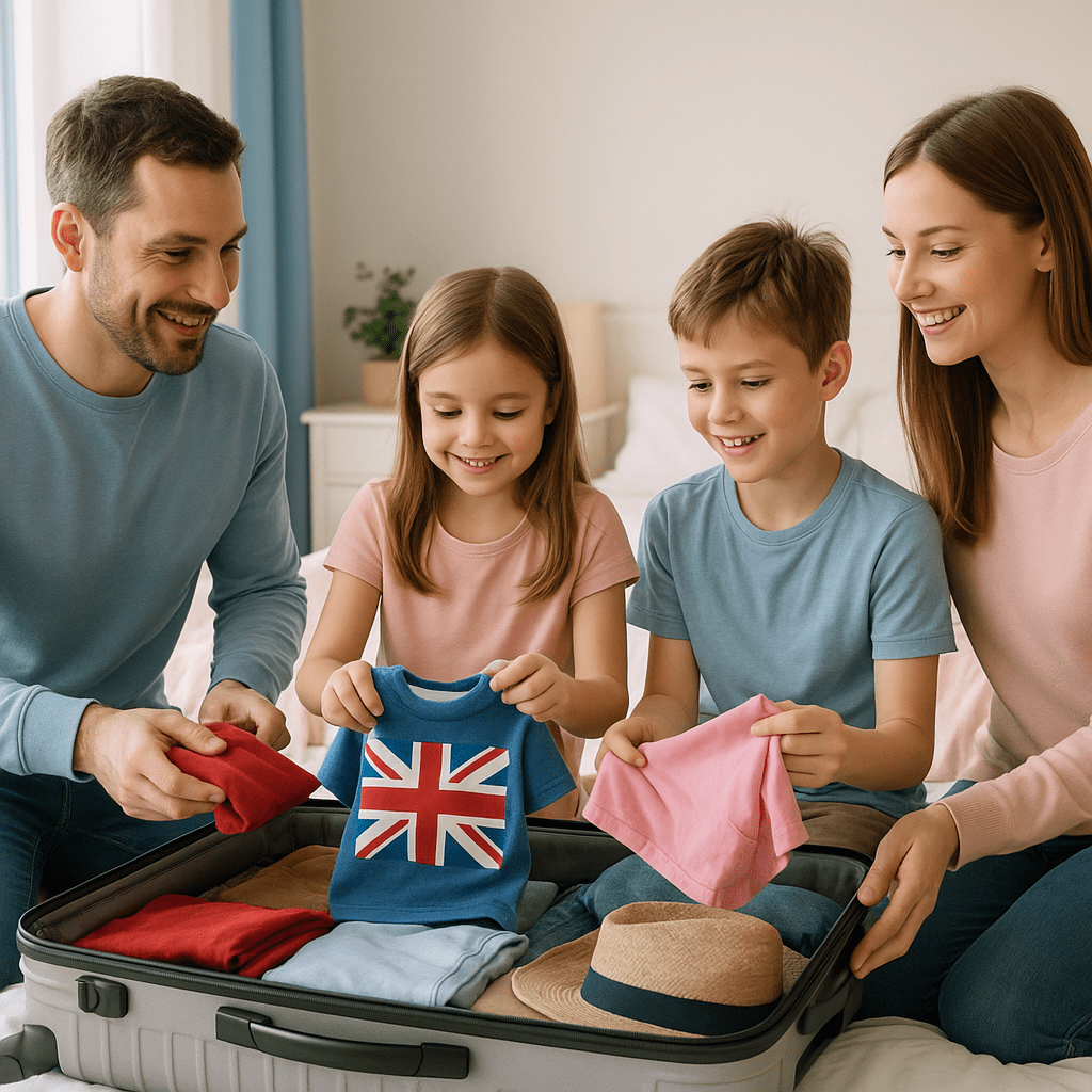 Eltern helfen Kindern beim Packen von Koffern für Großbritannien-Reise im hellen Schlafzimmer