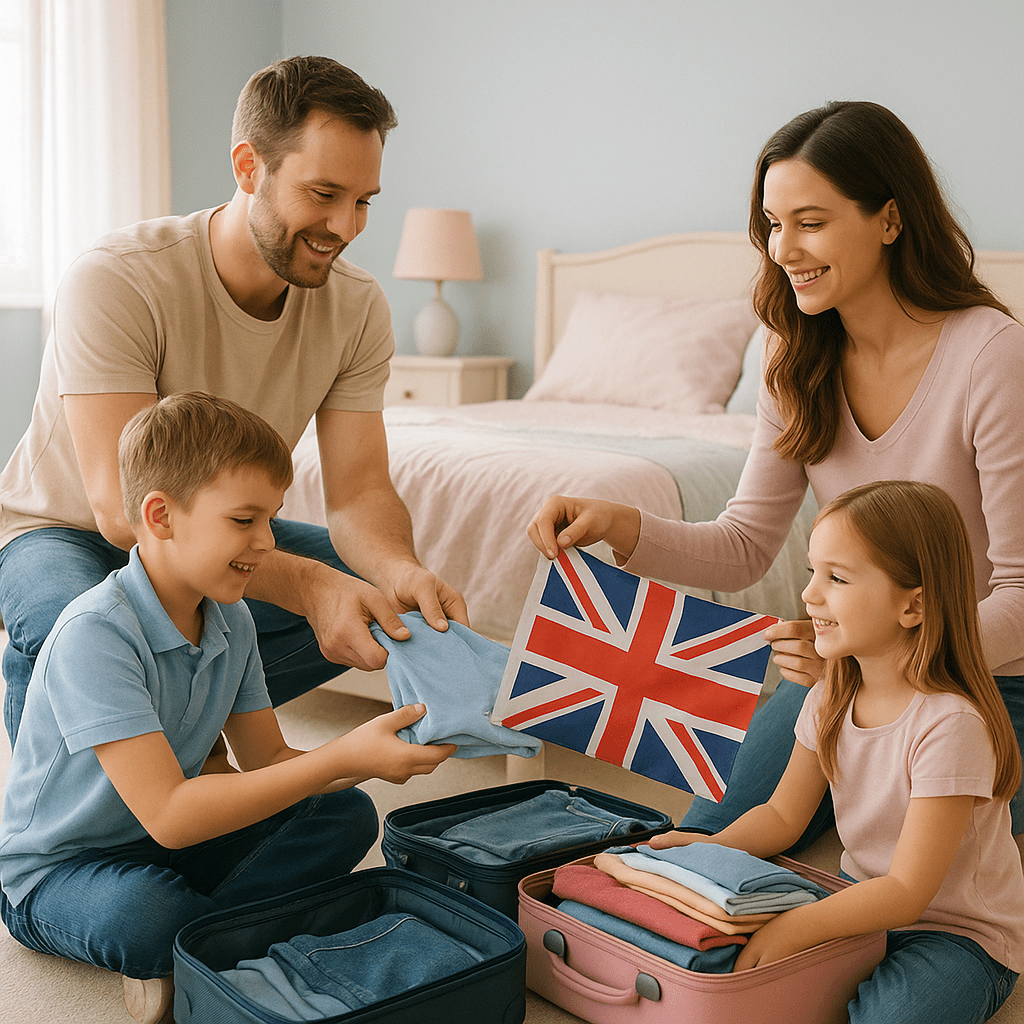 Eltern helfen Kindern beim Packen für eine Reise nach London im hellen Schlafzimmer