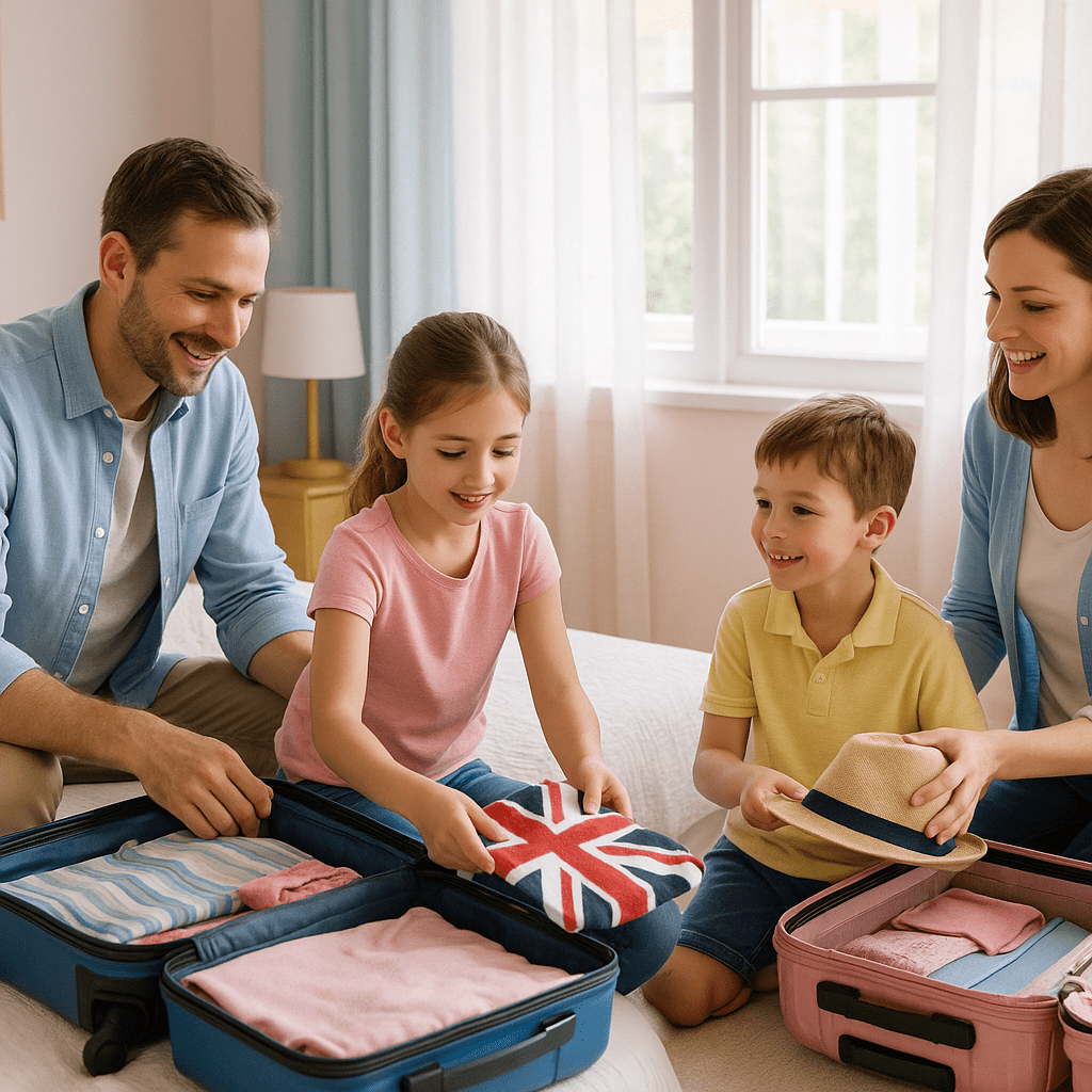 Eltern helfen Kindern beim Kofferpacken im hellen Familienzimmer