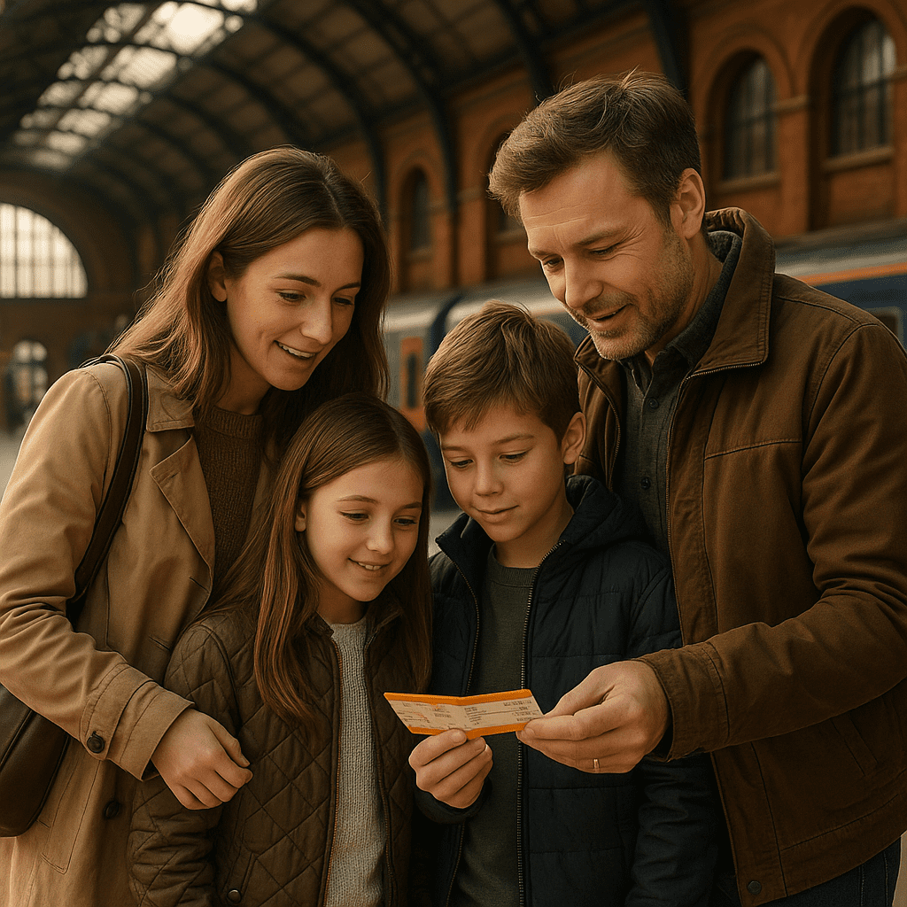 Familie mit Koffern prüft Zugtickets im historischen Bahnhof in Großbritannien
