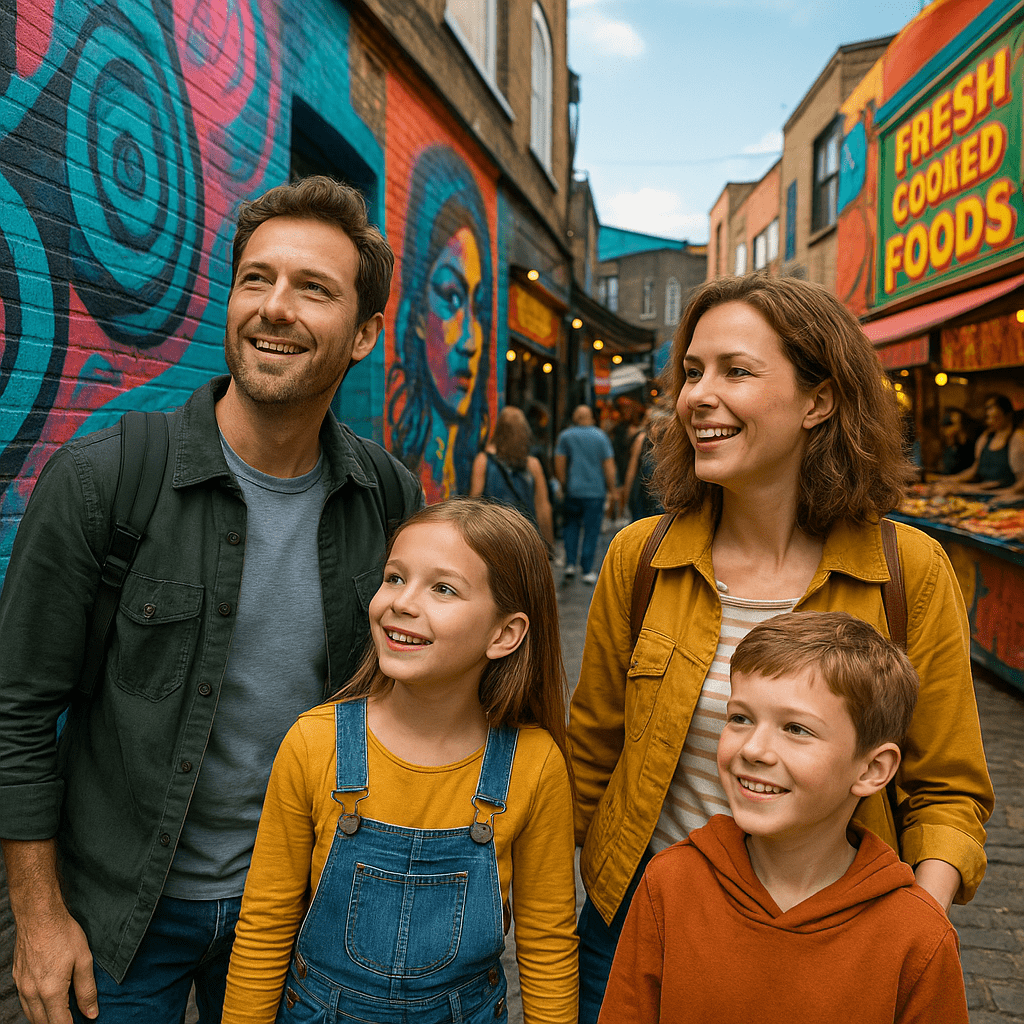 Familie mit Kindern erkundet Camden Market mit Street Art und Essen
