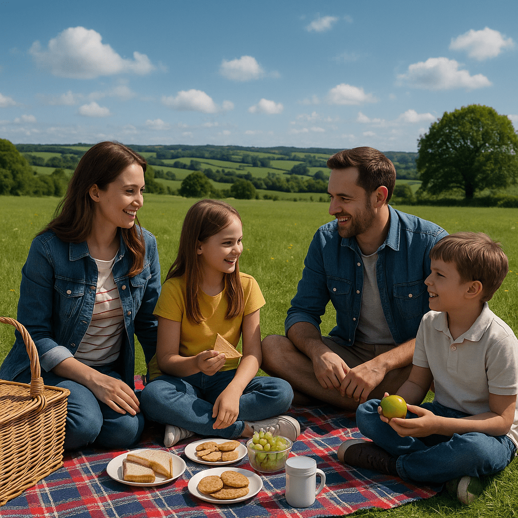 Familie genießt Picknick zur Tea-Time auf grünem Feld in englischer Landschaft