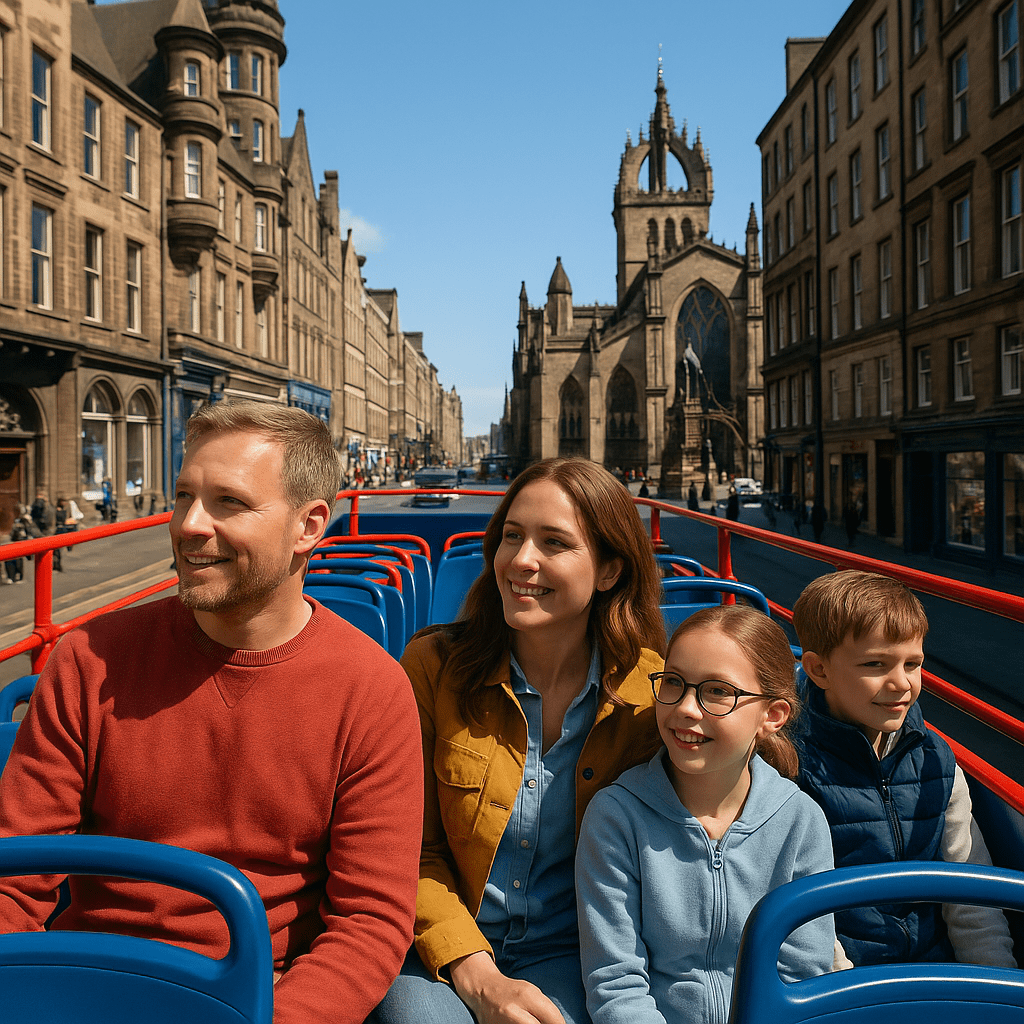 Familie auf Sightseeing-Bus bei Mittagstour durch Edinburghs Stadtzentrum