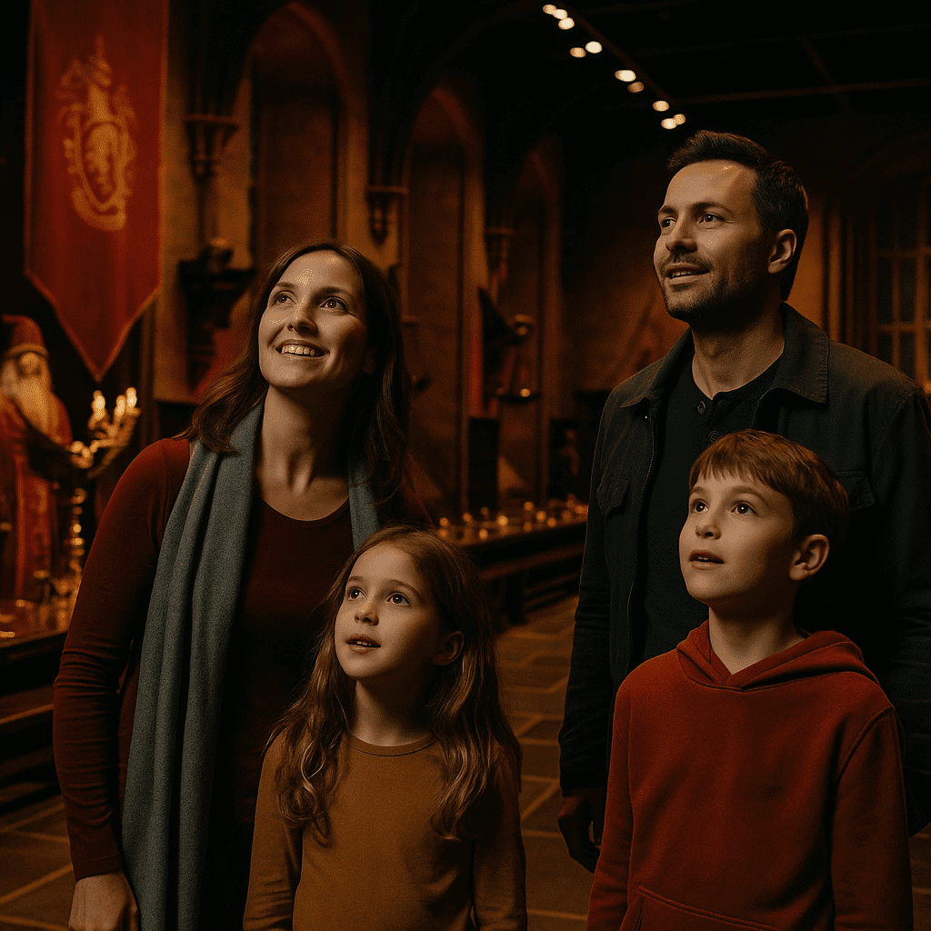 Familie erkundet die Harry Potter Studio Tour London mit Requisiten und Kostümen
