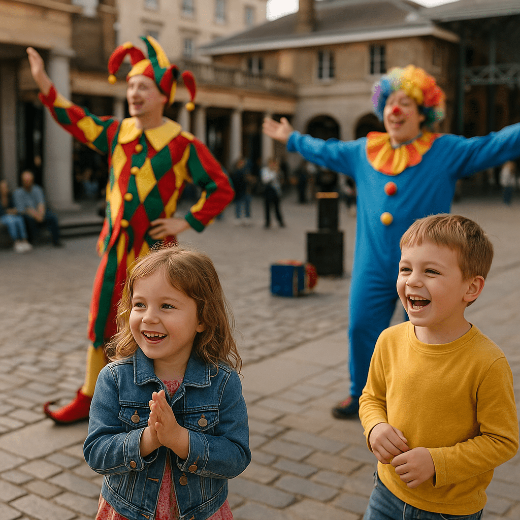 Kinder beobachten fröhlich Straßenkünstler in Covent Garden, London