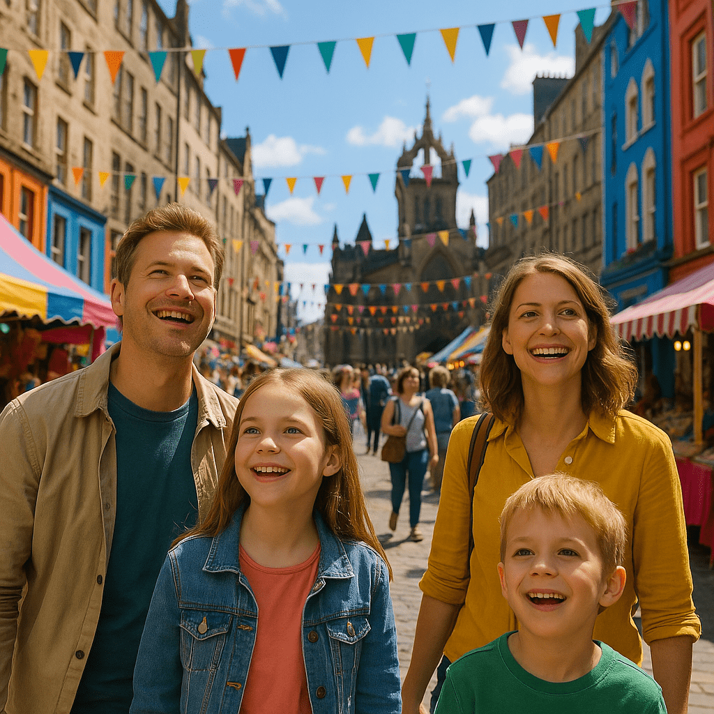 Familie erkundet fröhlich die Royal Mile in Edinburgh im Sommer