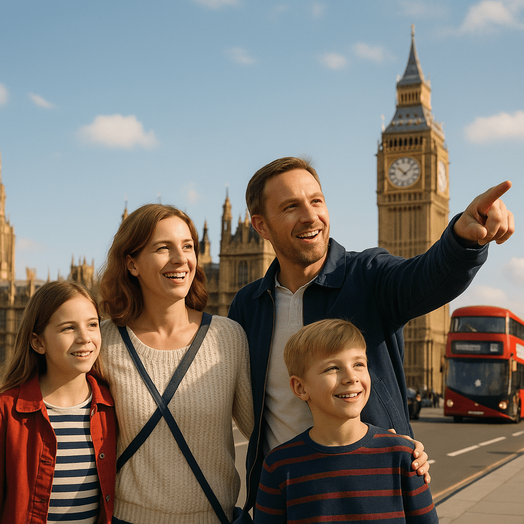 Deutsche Familie erkundet London vor dem Big Ben mit roten Doppeldeckerbussen