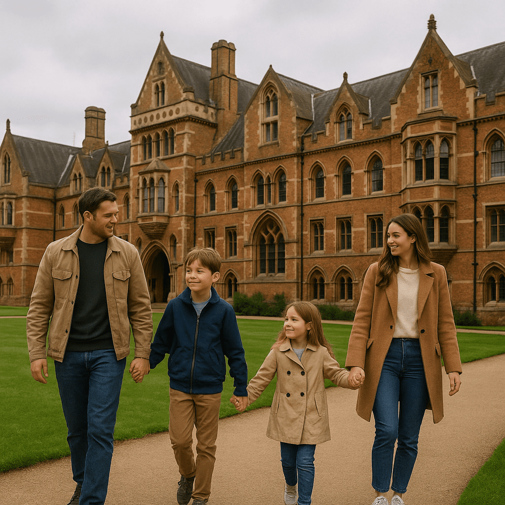 Familie spaziert Hand in Hand über das historische Gelände der Oxford University
