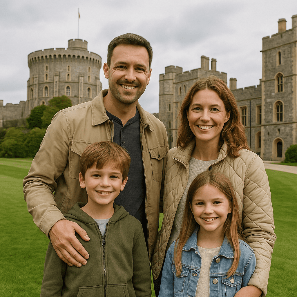 Familie mit Kindern vor dem historischen Windsor Castle bei bewölktem Himmel
