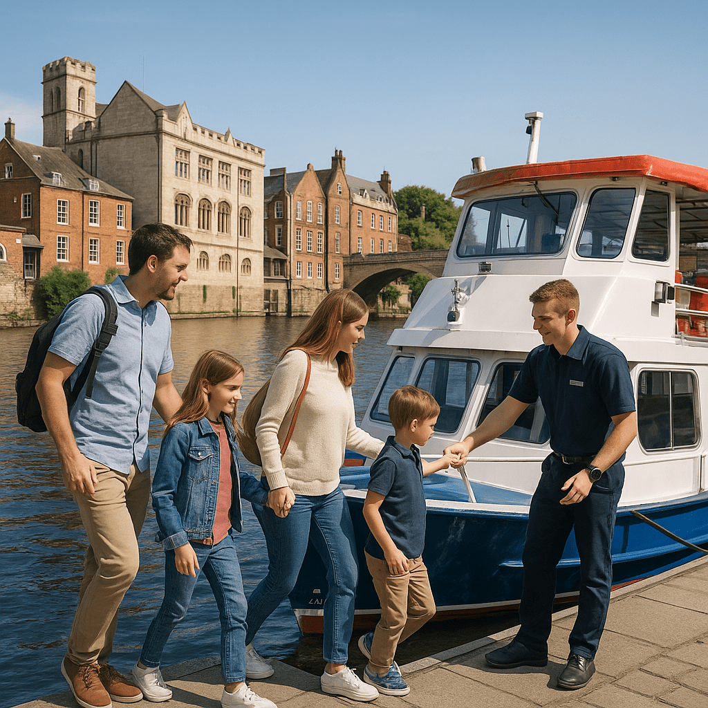 Familie besteigt mittags ein weiß-blaues Ausflugsboot in York am Flussufer