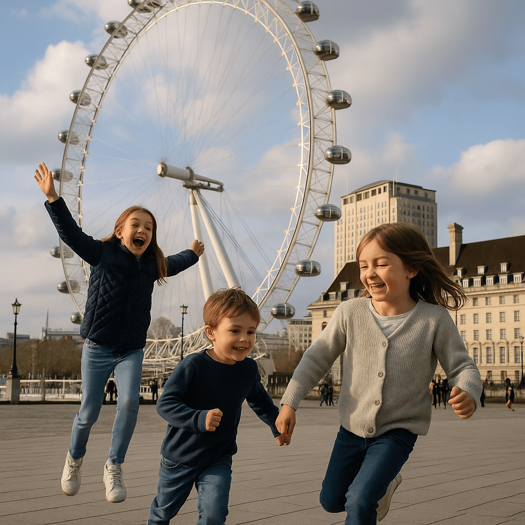 Kinder spielen am Nachmittag vor dem London Eye in London