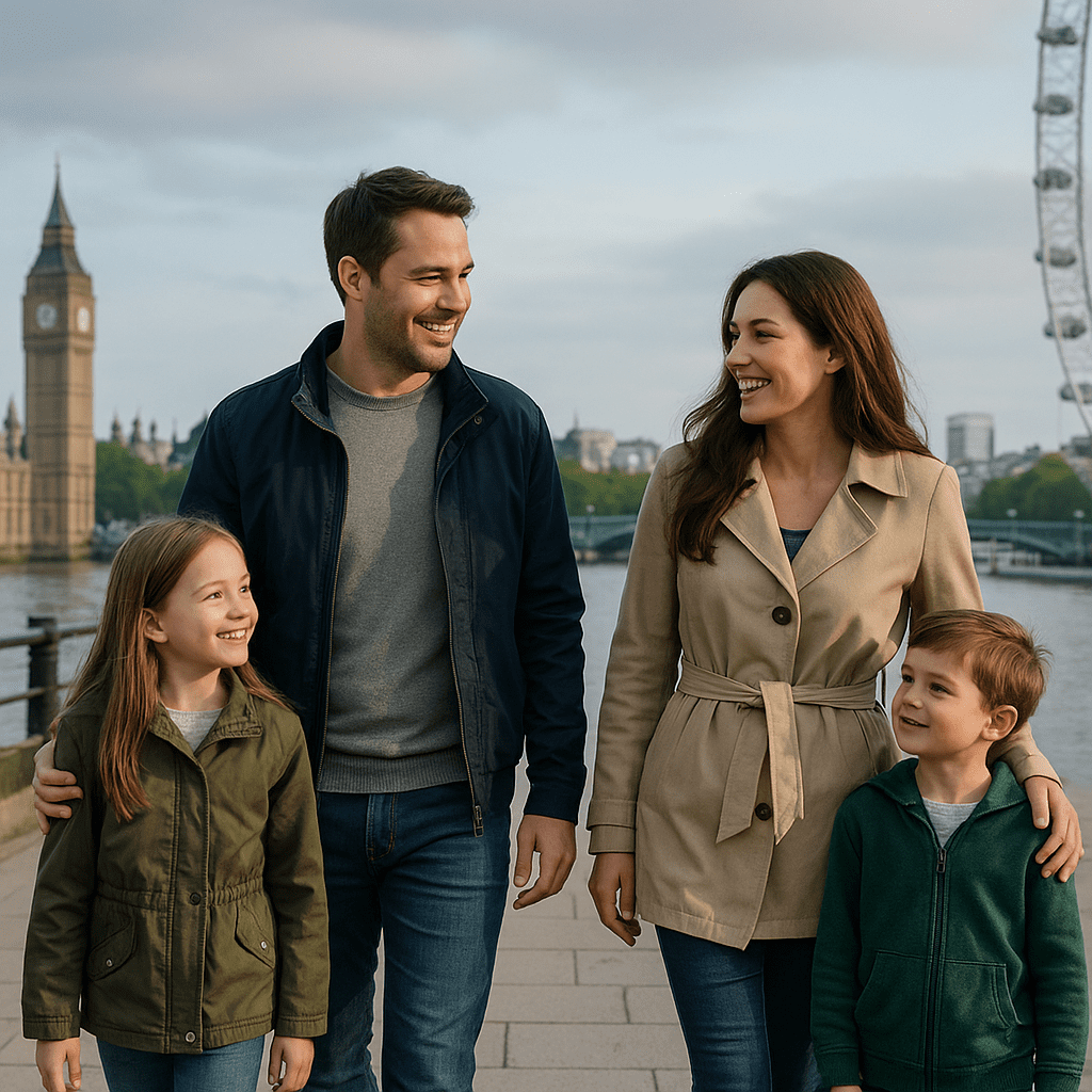 Familie spaziert am Themseufer bei London entlang bei spätem Nachmittagslicht