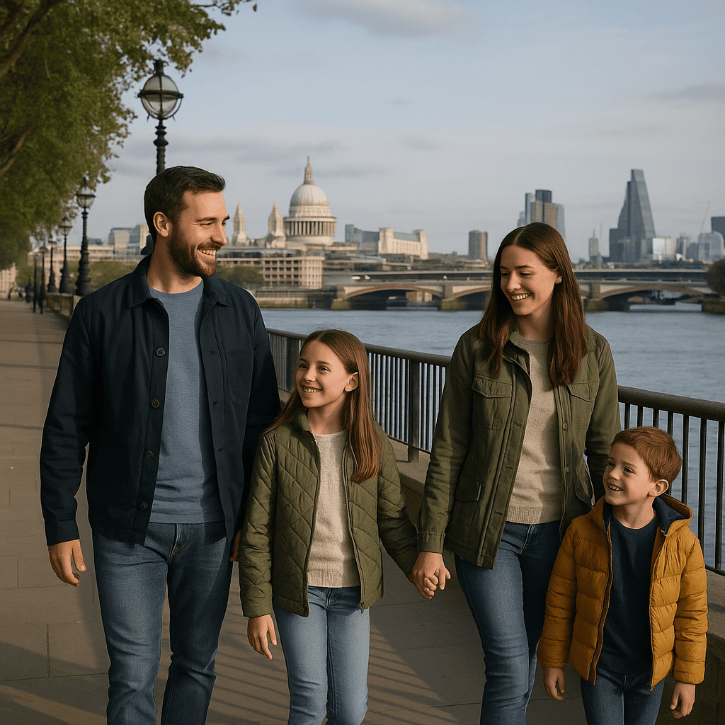 Familie spaziert am Themseufer entlang am späten Nachmittag in London