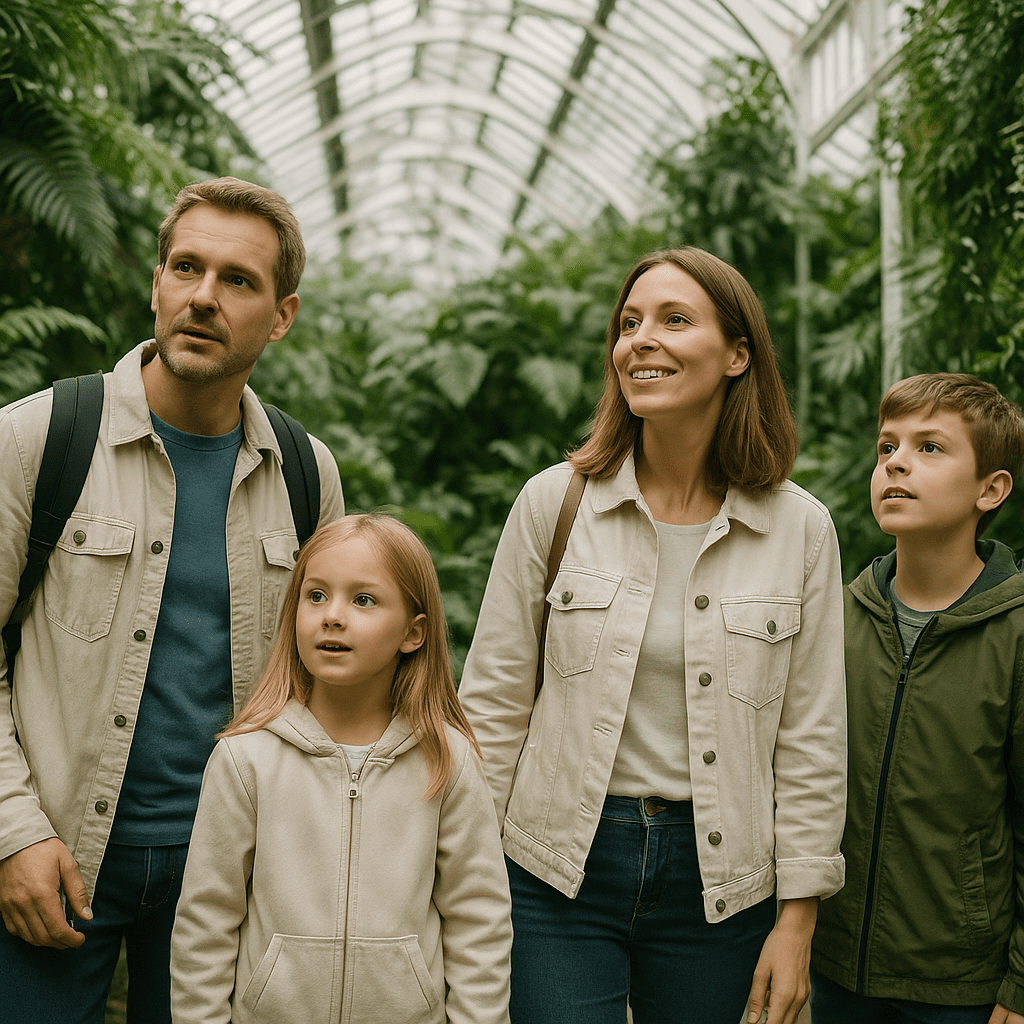 Eine deutsche Familie erkundet ein Gewächshaus im botanischen Garten