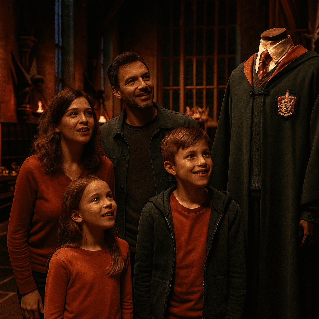 Familie erkundet die Harry Potter Studios mit Requisiten und Filmkulissen